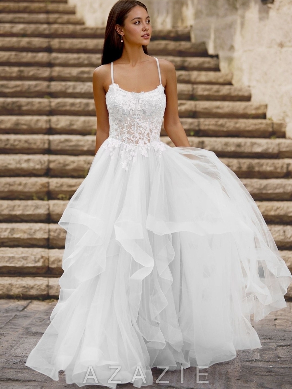 Azazie Mosaic White Spaghetti-Strap Lace Appliqué Ball Gown Size 12 Nwt